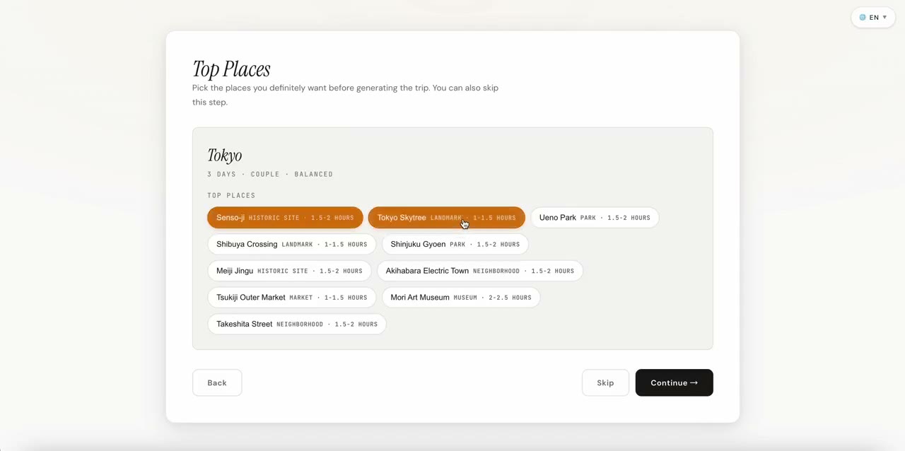 Top Places curation screen with Tokyo catalog choices