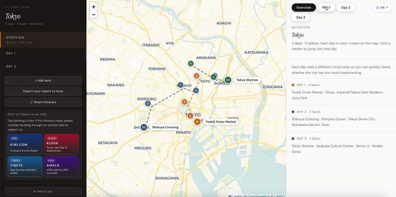 Generated Tokyo itinerary with overview map and day list