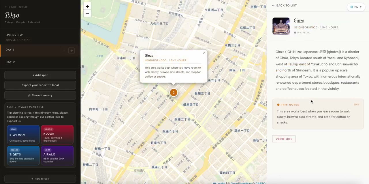 Tokyo itinerary showing a selected Ginza stop and its details