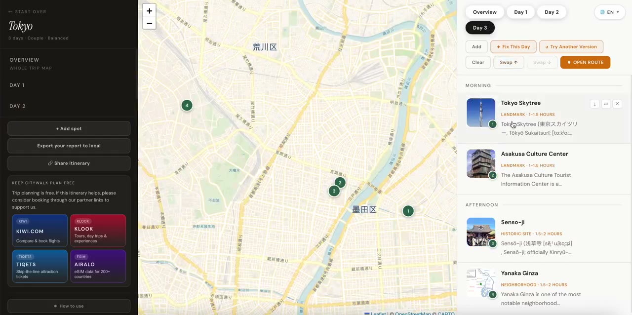 Tokyo day view with add, reorder, replace and walking direction controls