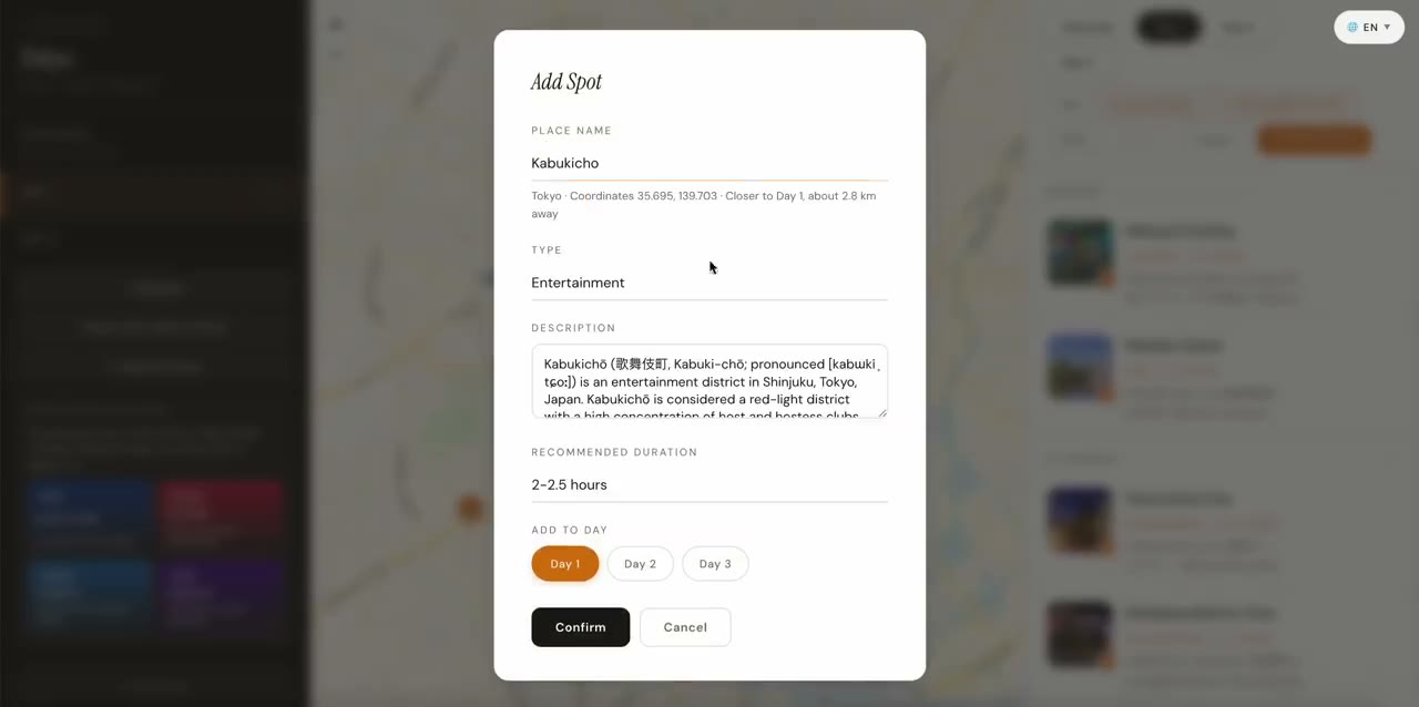 Add Spot dialog showing a Tokyo catalog place and day choices